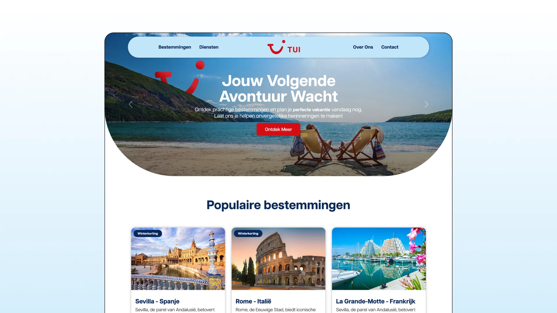 Desktop mockup of the TUI Travel website showing popular holiday destinations and a beach hero image