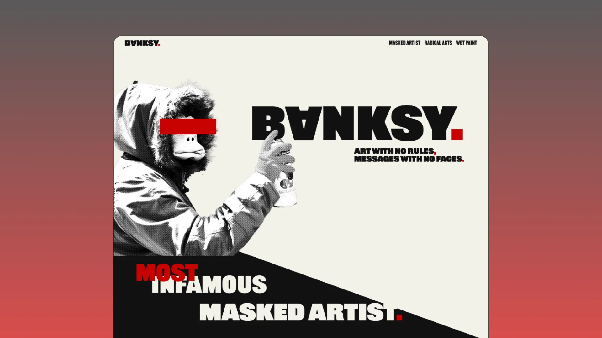 Desktop mockup of the Banksy tribute website with bold black, white and red typography and a masked artist graphic
