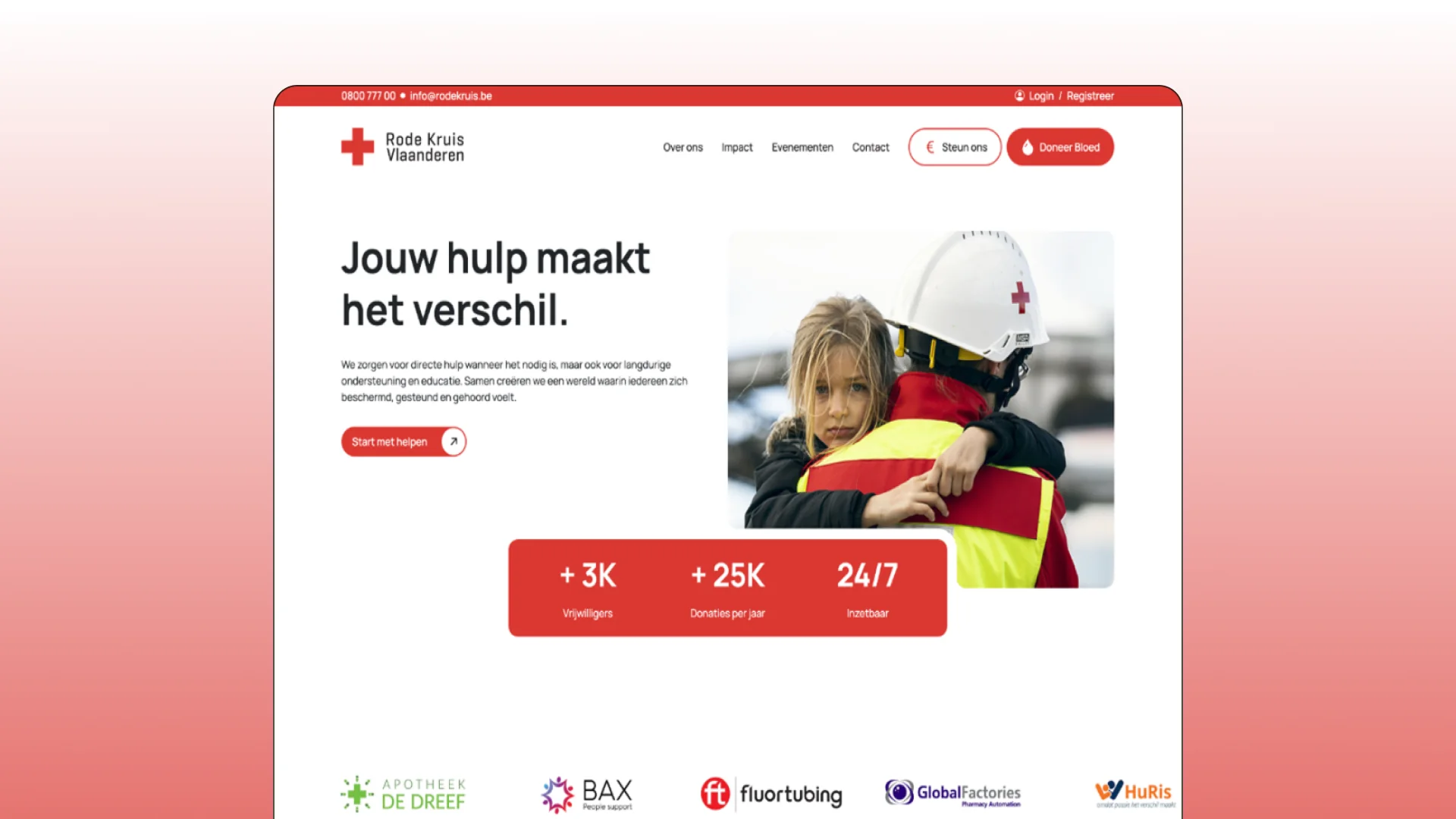 Desktop mockup of the Rode Kruis Vlaanderen website showing an emergency worker and the tagline 'Jouw hulp maakt het verschil'