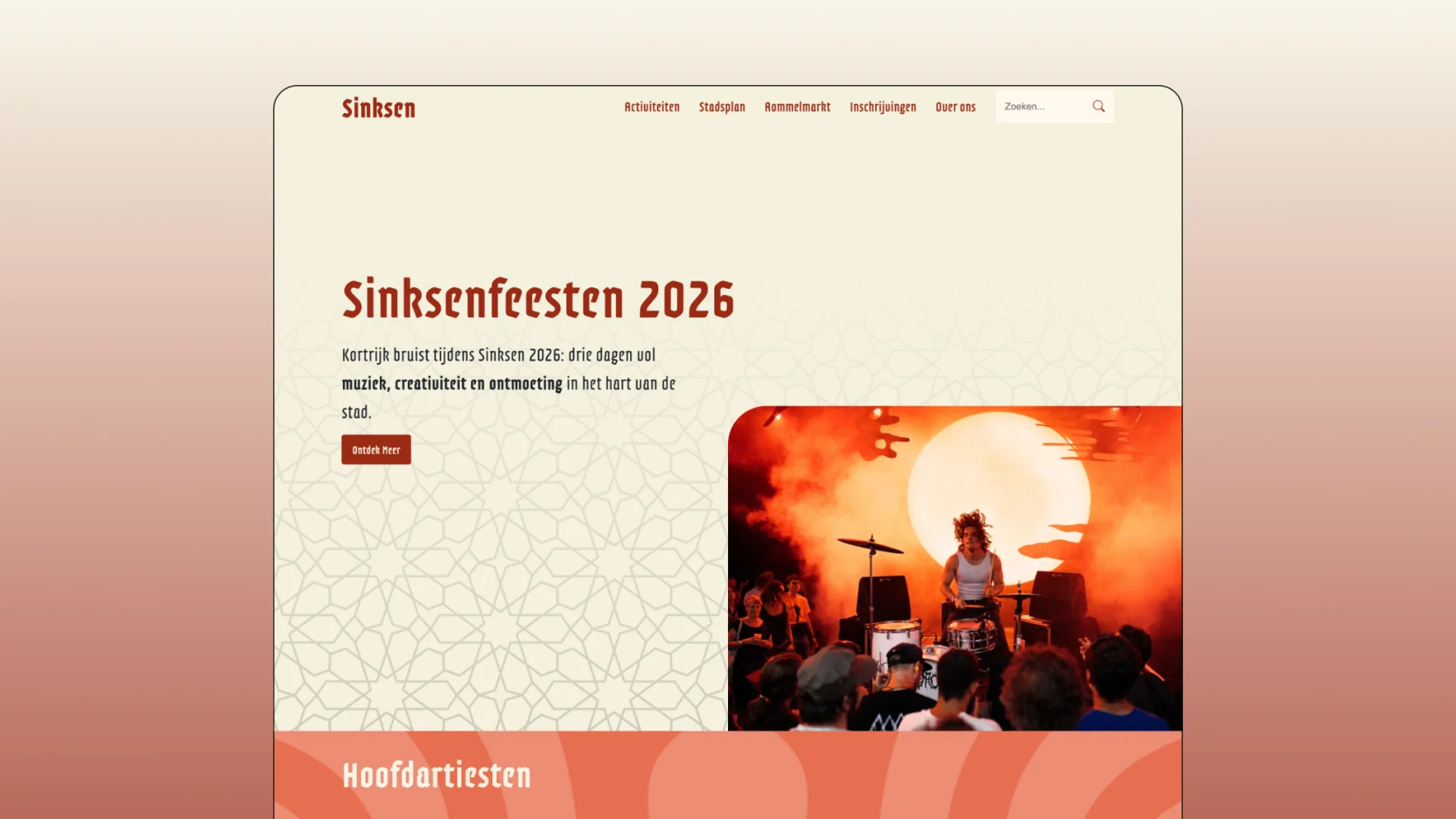 Desktop mockup of the Sinksenfeesten 2026 event website featuring a live concert photo and festival branding