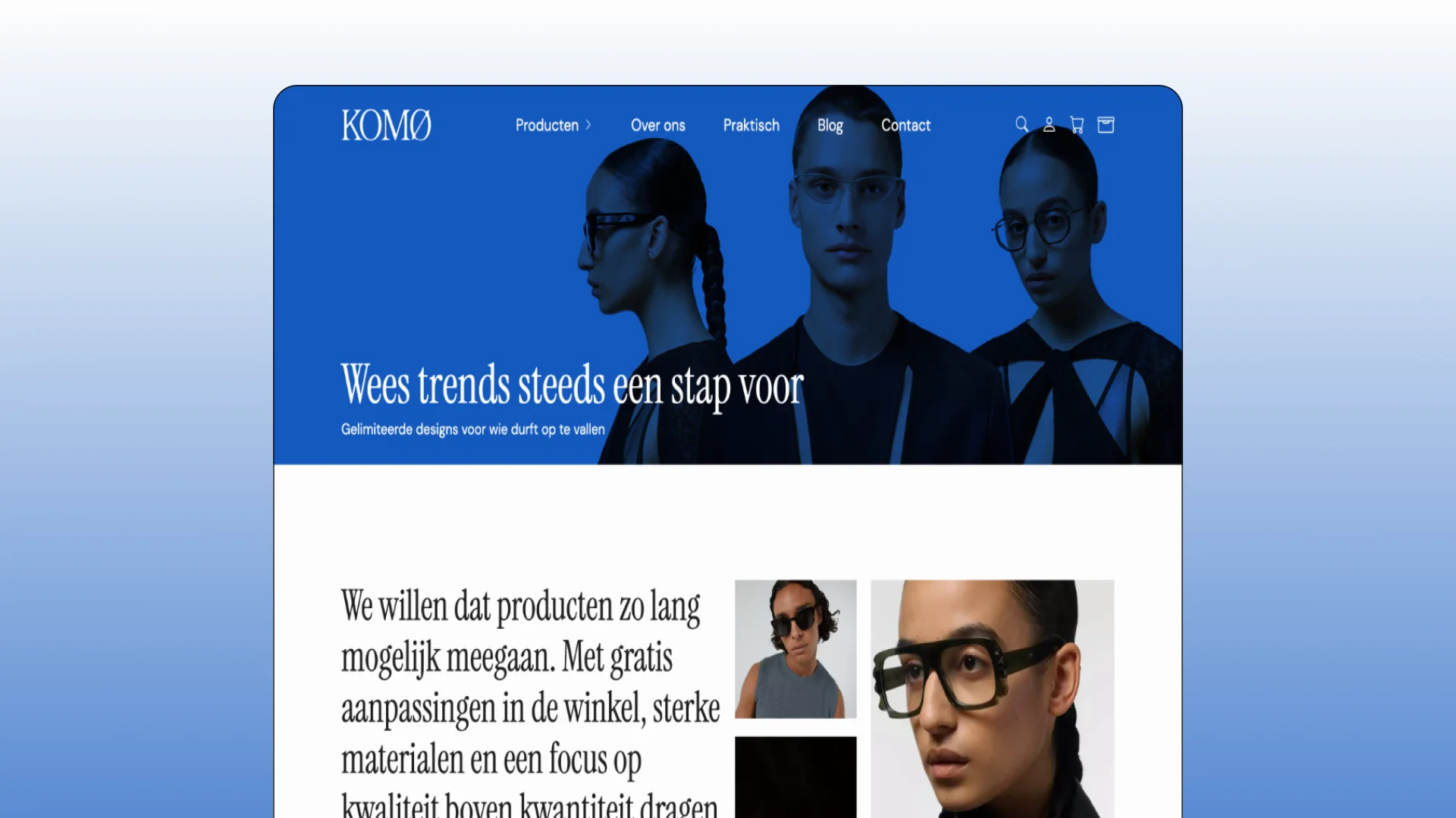 Desktop mockup of the KOMO eyewear e-commerce website with a bold blue hero and fashion photography