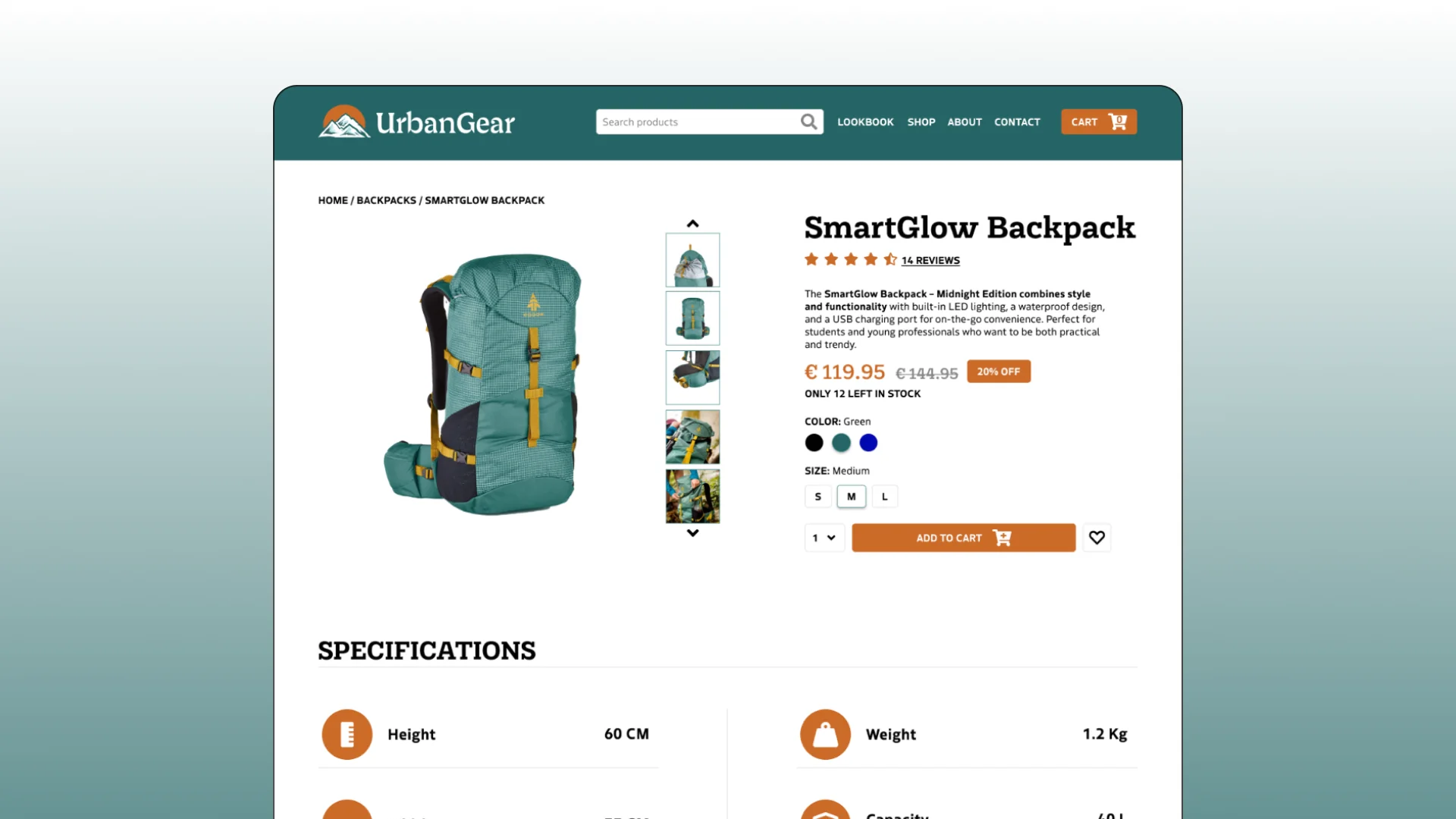 Desktop mockup of the UrbanGear e-commerce product page showing a SmartGlow Backpack listing