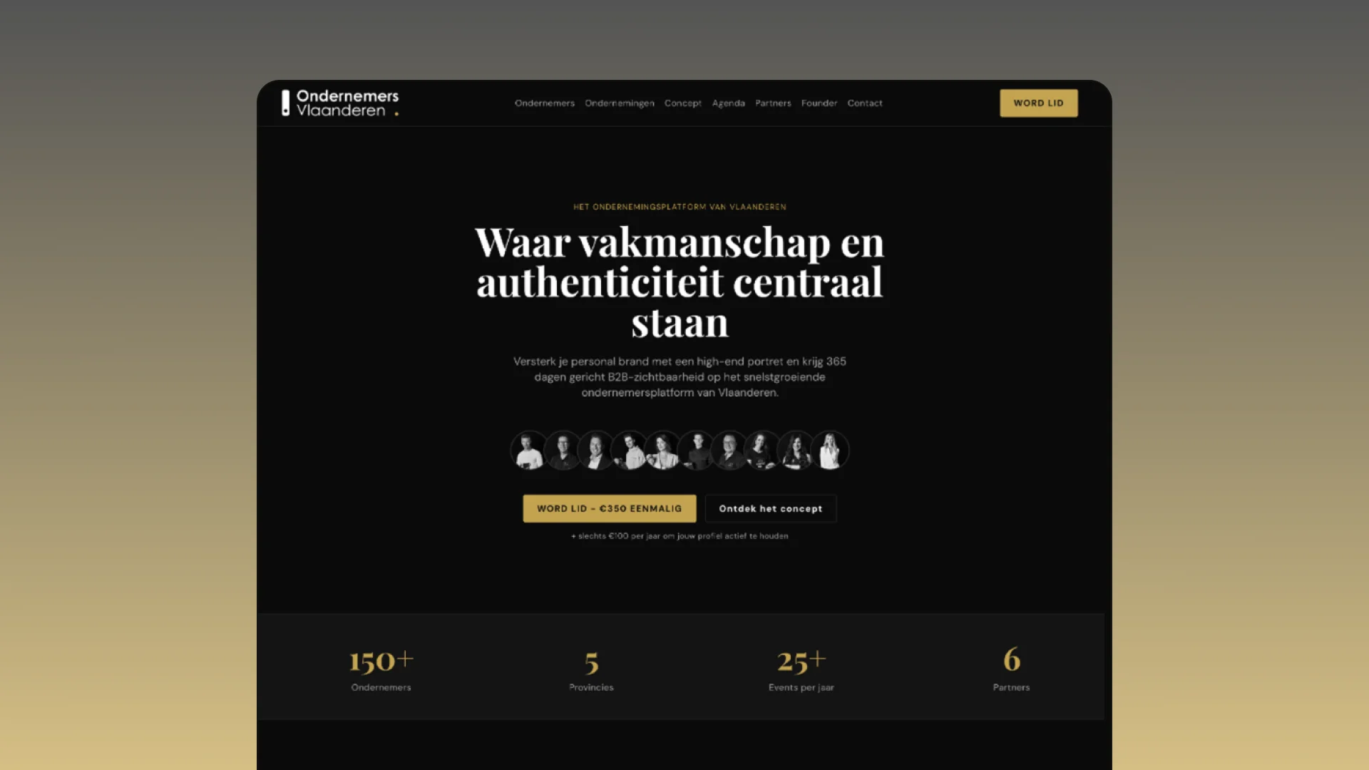 Desktop mockup of the Ondernemers van Vlaanderen website with a dark background and gold typography
