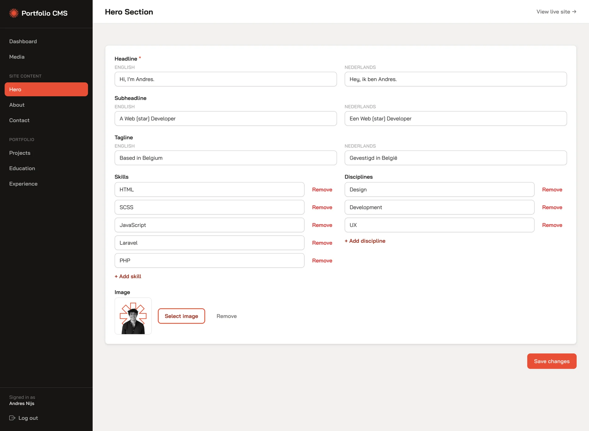 Screenshot of the Portfolio CMS hero section editor showing bilingual fields