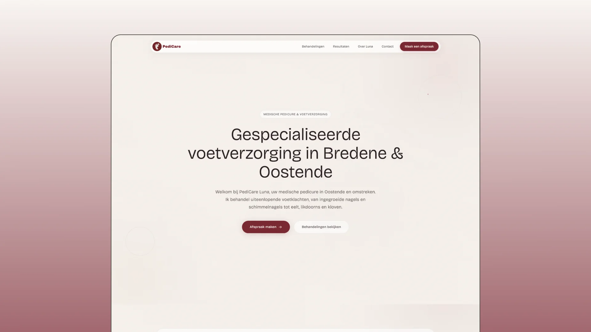 Desktop mockup of the PediCare foot care specialist website with a minimal light design