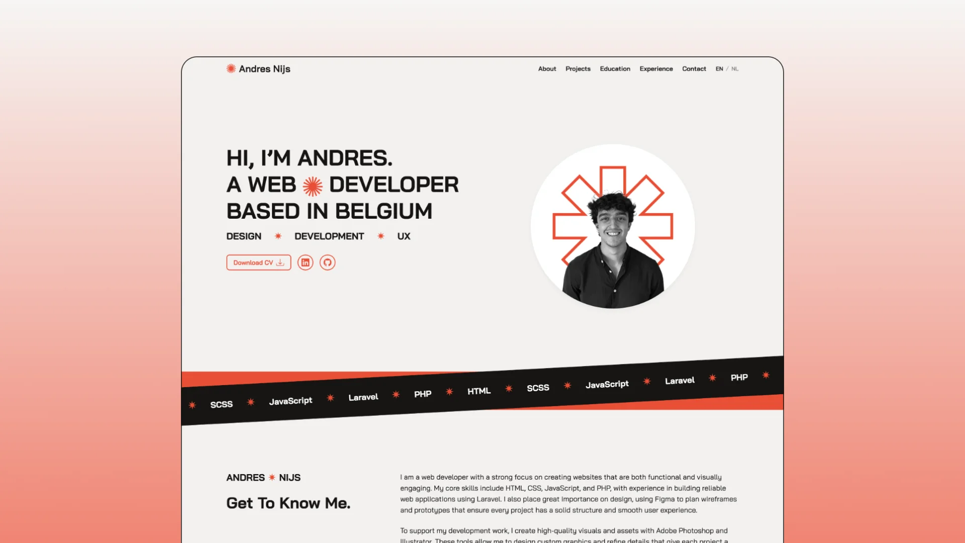 Desktop mockup of Andres Nijs's personal portfolio website showing the hero section with a developer introduction